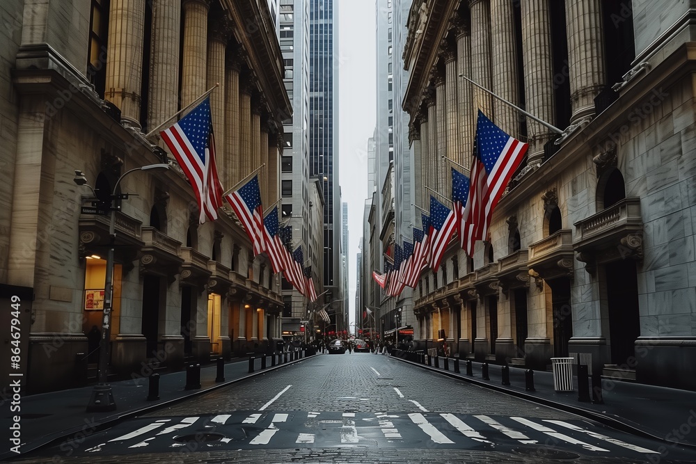 Fototapeta premium Empty Street With American Flags In Front of Buildings in New York City
