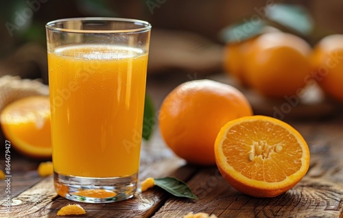 Fresh Orange Juice and Fruit Slices on a Wooden Table