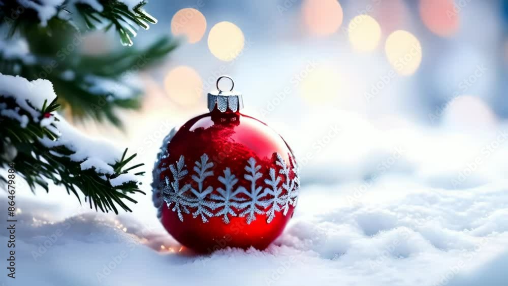 Christmas tree and red bauble with snow Christmas tree and red bauble with snow