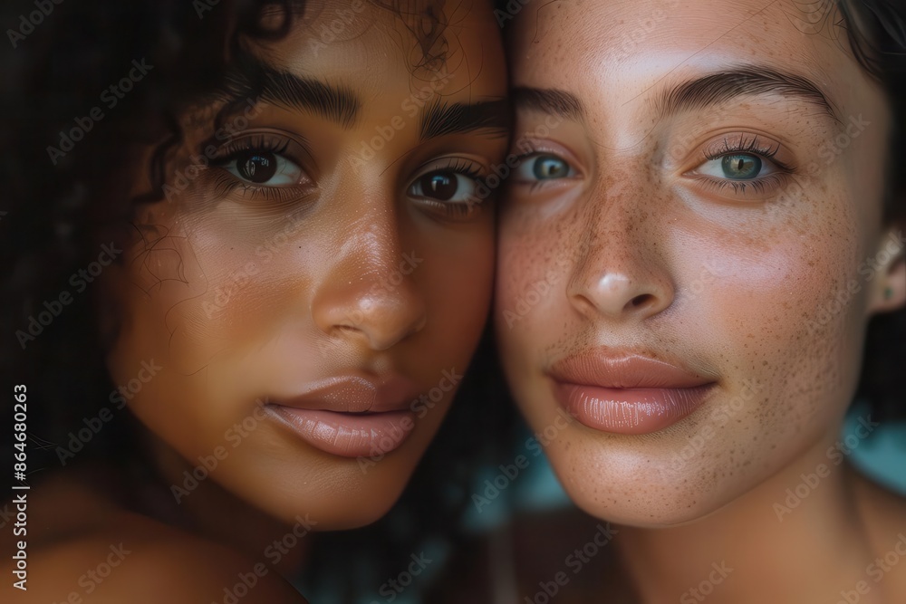 intimate closeup portrait of two women with contrasting skin tones celebrating diversity and beauty soft lighting enhancing natural features intimate closeup portrait of two women with contrasting skin tones celebrating diversity and beauty soft lighting enhancing natural features