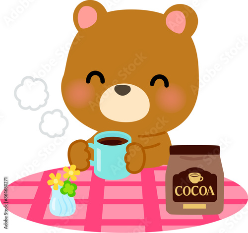 テーブルでココアを飲むクマのキャラクター