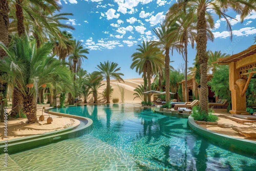 lush oasis paradise nestled in barren desert vibrant palm trees surrounding crystalclear pool dramatic contrast of verdant life against endless sand dunes lush oasis paradise nestled in barren desert vibrant palm trees surrounding crystalclear pool dramatic contrast of verdant life against endless sand dunes