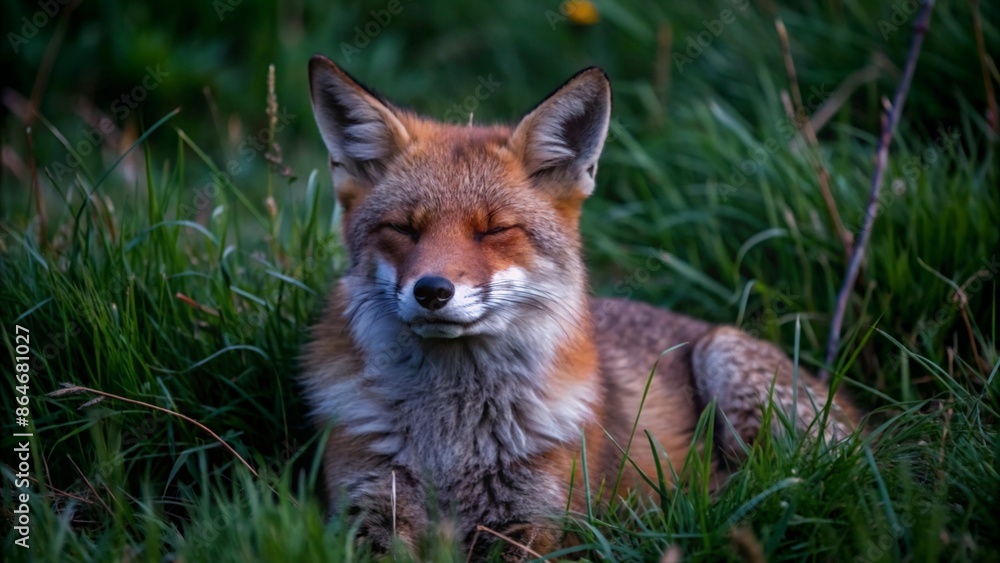 Red fox sitting peacefully in grass with eyes closed Red fox sitting peacefully in grass with eyes closed