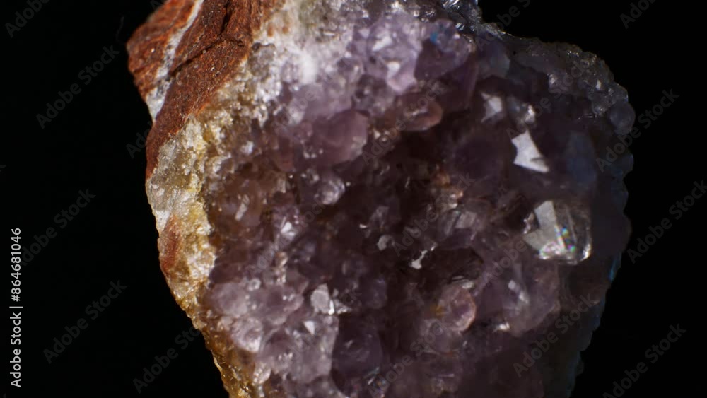 Druse Quartz (SiO2) Fascinating world of mineralogy. Millions of years of geologic development. Earth crust in all its glory. Smooth rotation close-up on black background. Sparkle and brilliance Druse Quartz (SiO2) Fascinating world of mineralogy. Millions of years of geologic development. Earth crust in all its glory. Smooth rotation close-up on black background. Sparkle and brilliance