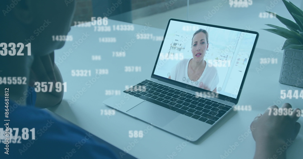 Image of numbers changing over african american woman discussing with colleague over image call Image of numbers changing over african american woman discussing with colleague over image call