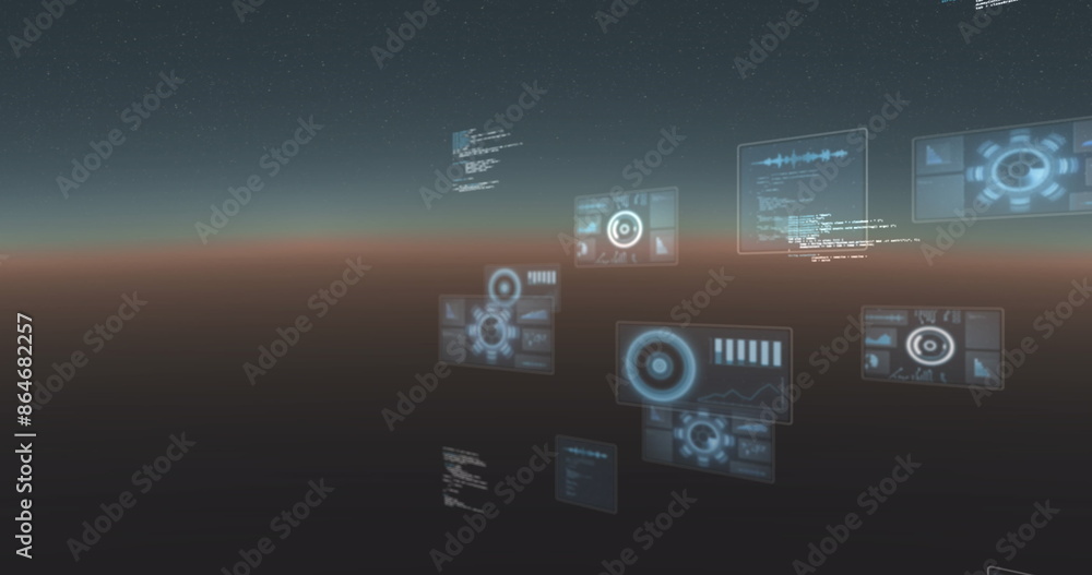 Multiple round scanners and screens with data processing against gradient background, digital image Multiple round scanners and screens with data processing against gradient background, digital image