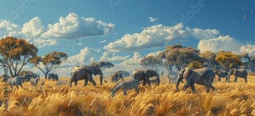 African Savanna with Elephants and Zebras