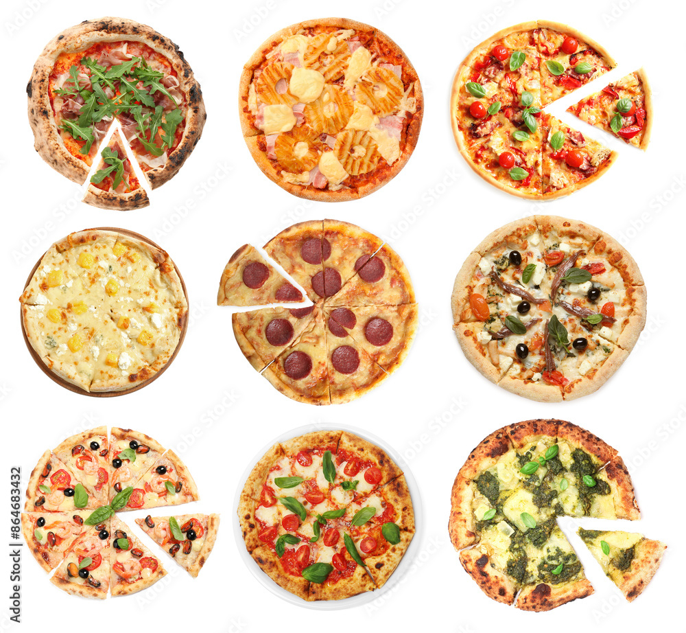 Different tasty pizzas isolated on white, collection Different tasty pizzas isolated on white, collection
