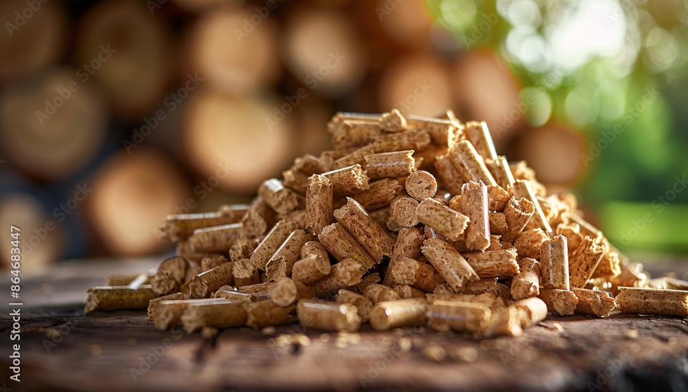 Obraz premium Neat pile of biomass wood pellets against a woodpile backdrop.