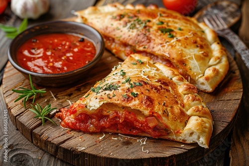 A slice of calzone being served with sauce