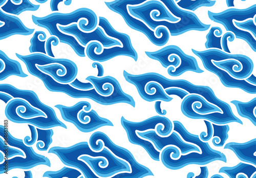 Design Motif Mega Mendung, batik motif typical of West Java Indonesia, curved line pattern with cloud objects, with developments and various artistic colors