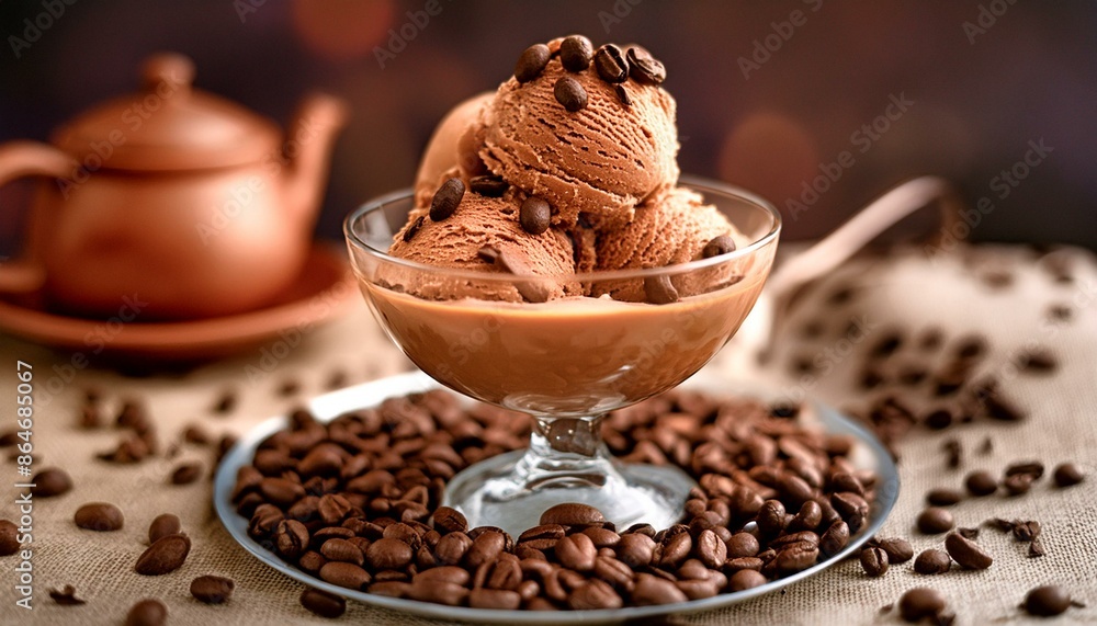A glass bowl filled with coffee ice cream, topped with chocolate curls and espresso beans. A glass bowl filled with coffee ice cream, topped with chocolate curls and espresso beans.