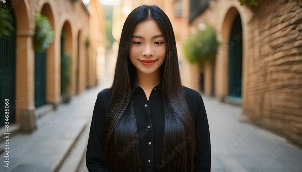 Obraz premium A full-body portrait of an Italian girl. She has long, straight black hair and striking black hair and striking black eyes. She's wearing an elegant black dress and is standing against a white backg
