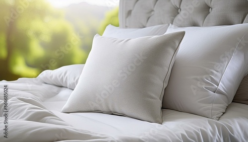 A fluffy white pillow resting on a neatly made bed with soft, light grey linens ; , light grey linens and a quilt. It's the perfect addition to any bedroom décor, whether you are looking for a relaxin photo