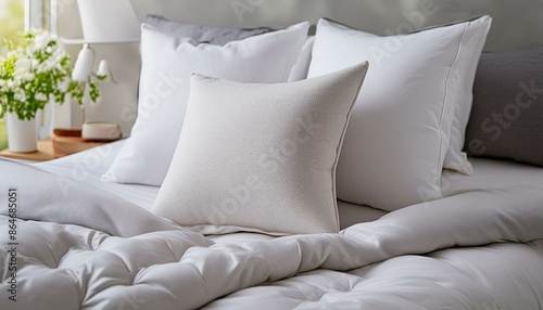 A fluffy white pillow centered on a bed with smooth, light beige sheets and a textured blank 