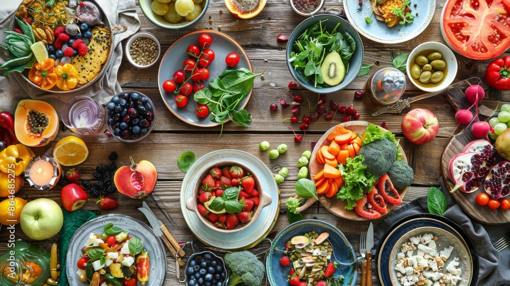 A colorful spread of fresh fruits, vegetables, and gourmet dishes arranged beautifully on a rustic wooden table A colorful spread of fresh fruits, vegetables, and gourmet dishes arranged beautifully on a rustic wooden table