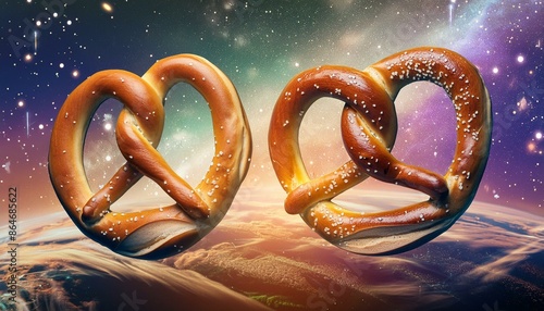  Enormous pretzels drifting in a space landscape with shimmering stars and a purple and gold photo