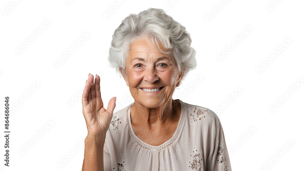Portrait of a smiling elderly woman with raised hand, happy face of an old senior woman isolated on transparent background Portrait of a smiling elderly woman with raised hand, happy face of an old senior woman isolated on transparent background