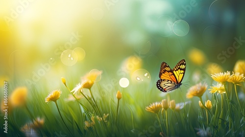 Beautiful spring meadow background with a butterfly flying in the sunlight