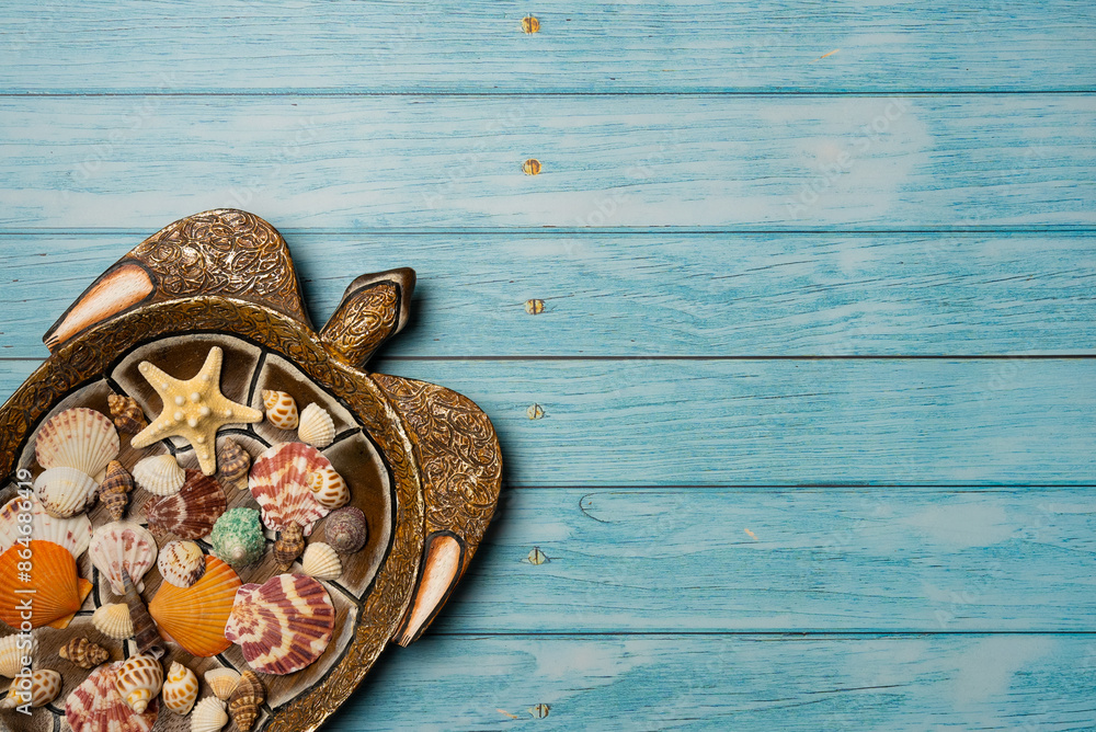 Starfish and many seashells on a decorative plate in the shape of a turtle. Blue wooden background. Top view, copy space Starfish and many seashells on a decorative plate in the shape of a turtle. Blue wooden background. Top view, copy space