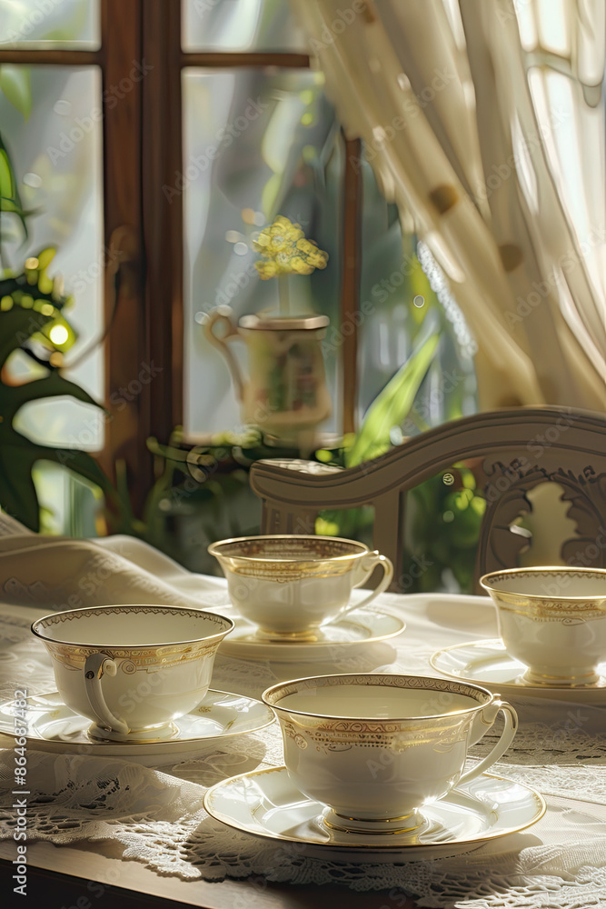 White porcelain tea cups with gold trim on lace tablecloth, traditional dining room, garden view. White porcelain tea cups with gold trim on lace tablecloth, traditional dining room, garden view.