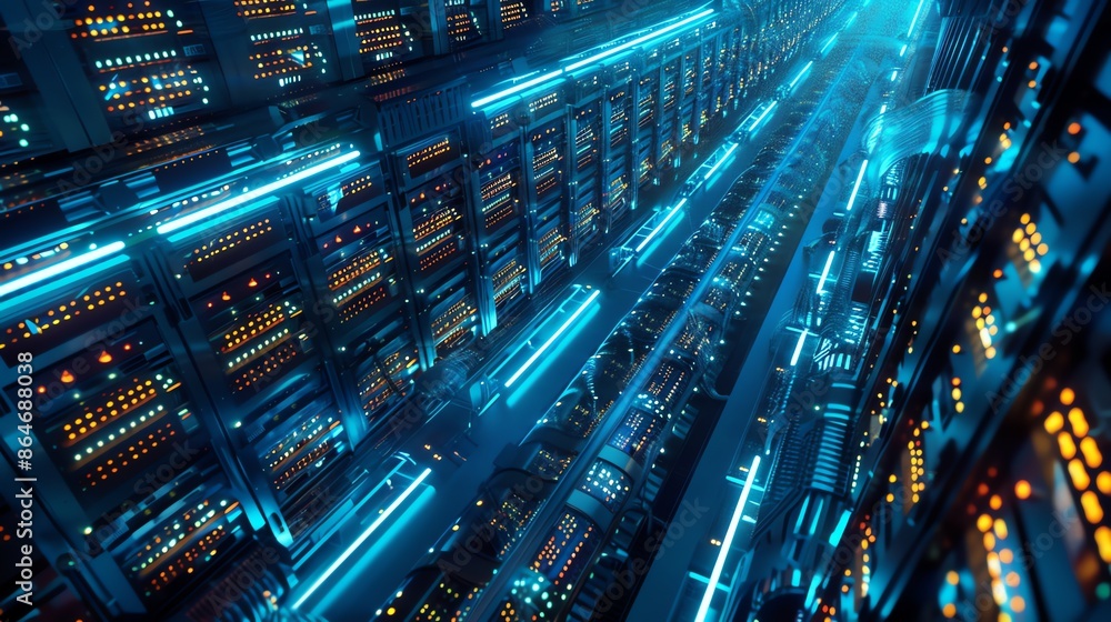 Futuristic server room with glowing blue lights, representing data storage, cloud computing, and the power of technology. Futuristic server room with glowing blue lights, representing data storage, cloud computing, and the power of technology.