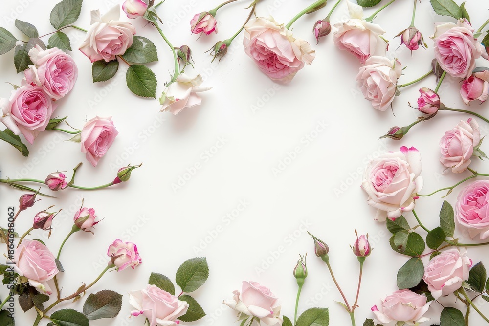 decorative floral frame with blooming pink roses on white background flat lay top view digital illustration decorative floral frame with blooming pink roses on white background flat lay top view digital illustration
