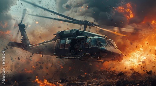 Black Hawk Helicopter Flying Through Fire and Debris