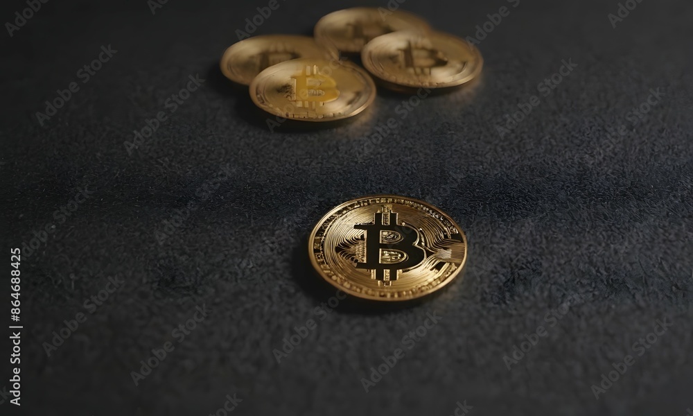 Golden Bitcoin Coins on dark surface. BTC cryptocurrency background concept Golden Bitcoin Coins on dark surface. BTC cryptocurrency background concept