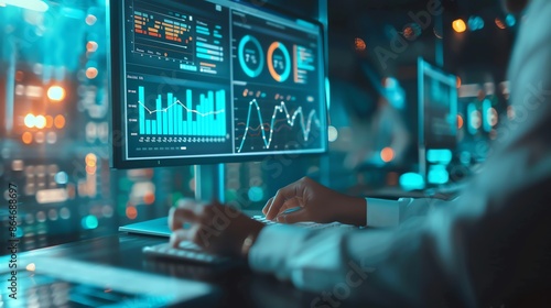 A person focuses on analyzing data on his computer screen.
