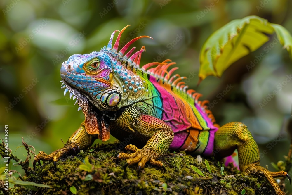Fototapeta premium Vibrant Iguana on Mossy Ground