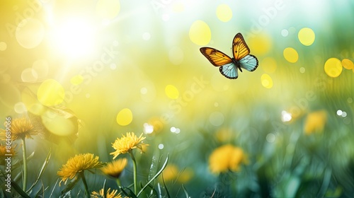 Beautiful spring meadow background with a butterfly flying in the sunlight