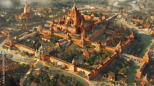 layout of Bagan during the Pagan Kingdom in the 11th century, showing Ananda Temple, Shwezigon Pagoda, and the ancient city walls