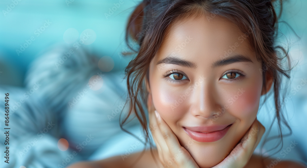 Skincare, a beautiful Korean woman smiling in a magazine photo shoot Skincare, a beautiful Korean woman smiling in a magazine photo shoot