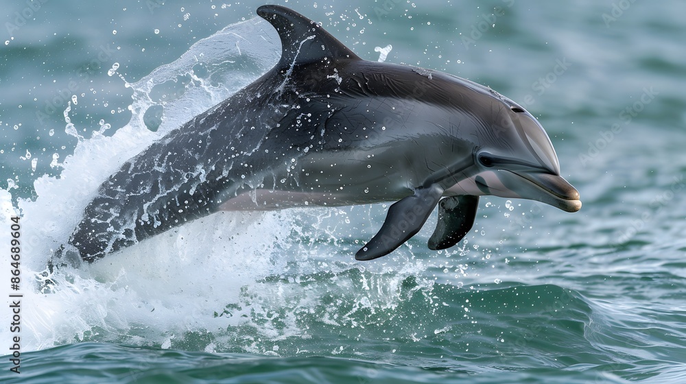 Fototapeta premium beautiful cloudy seascape in daylight and two happy dolphins jumping out from blue curly breaking surfing wave