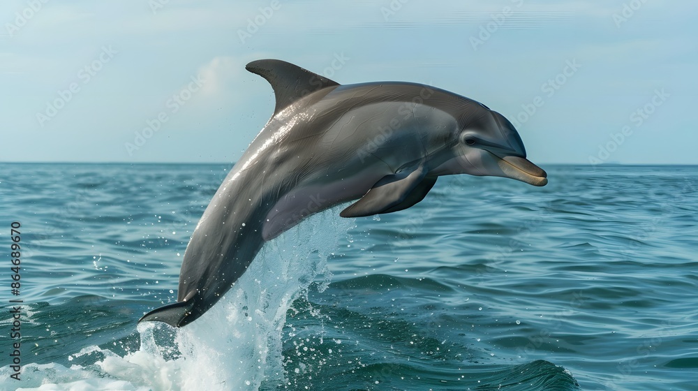 Obraz premium beautiful cloudy seascape in daylight and two happy dolphins jumping out from blue curly breaking surfing wave
