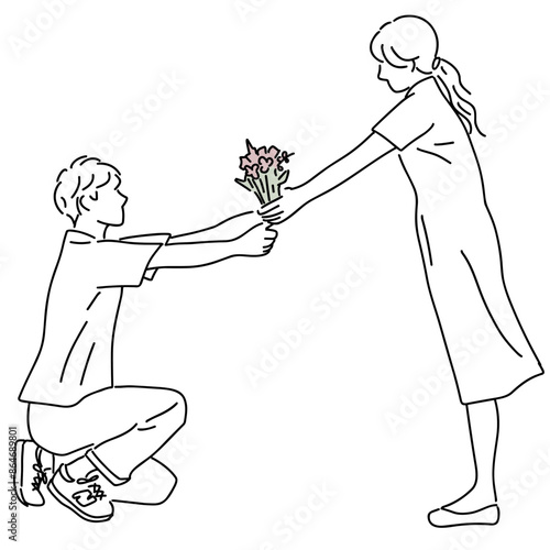 【手書きイラスト】カップル プロポーズ 花束