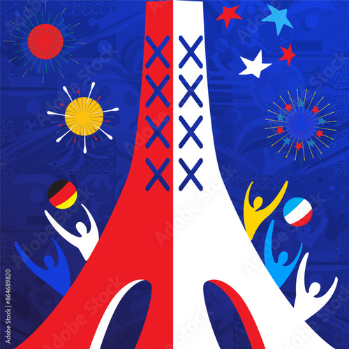 Abstract colorful Opening Summer festival fireworks in Paris festive dynamic elements, shapes background, Holiday attraction happy people seine river modern design vector illustration