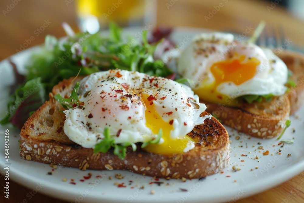 Poached Eggs on Toast with Salad and Spices Poached Eggs on Toast with Salad and Spices