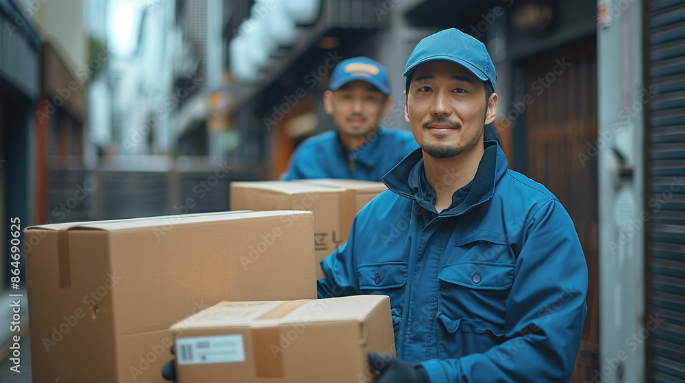 A moving service company composed of Asian men in blue uniforms carrying moving boxes. A moving service company composed of Asian men in blue uniforms carrying moving boxes.