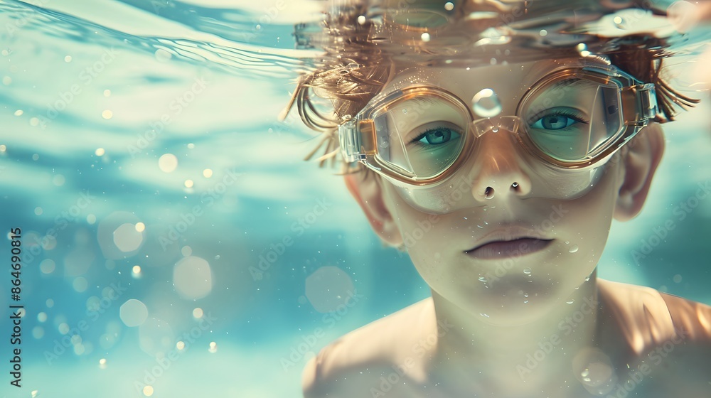 Naklejka premium Underwater Young Boy Fun in the Swimming Pool with Goggles. Summer Vacation Fun.