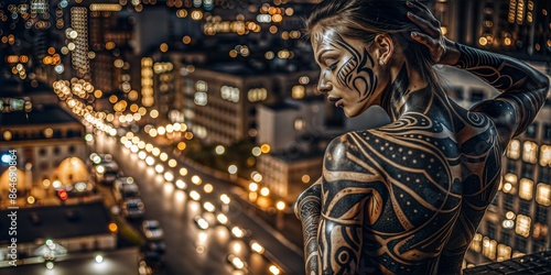 Tattooed woman with city skyline background © David