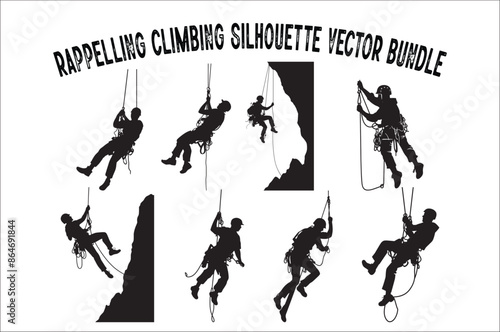 Alpinist Climber Vector Silhouette Bundle on a white background. Rappelling Silhouette Vector Clip art bundle.