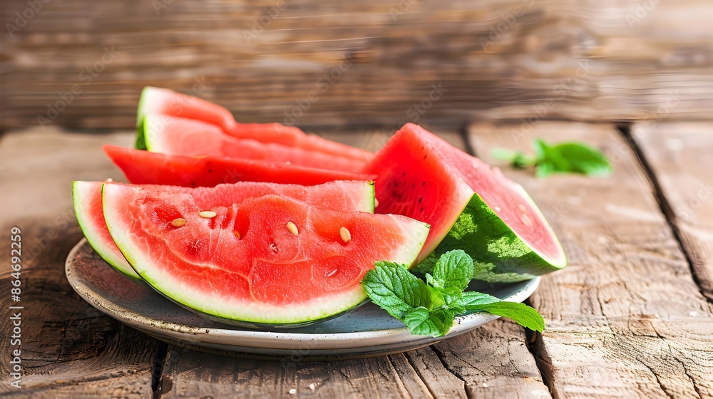 Sliced Watermelon Beautifully Arranged on a Rustic Wooden Table with Mint Garnish Sliced Watermelon Beautifully Arranged on a Rustic Wooden Table with Mint Garnish