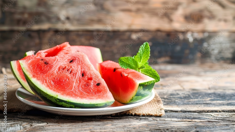Vibrant Watermelon Slices Arranged on Rustic Wooden Table with Mint Garnish Vibrant Watermelon Slices Arranged on Rustic Wooden Table with Mint Garnish