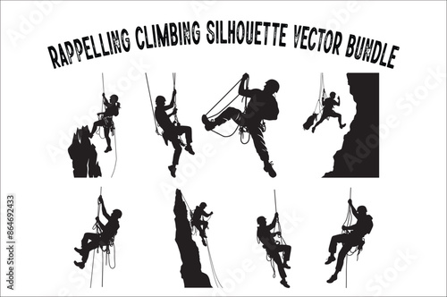 Alpinist Climber Vector Silhouette Bundle on a white background. Rappelling Silhouette Vector Clip art bundle.