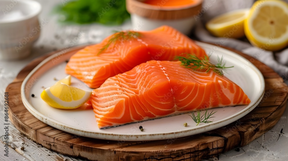 Fresh Salmon Fillet on Wooden Board with Lemon and Dill Garnish Fresh Salmon Fillet on Wooden Board with Lemon and Dill Garnish