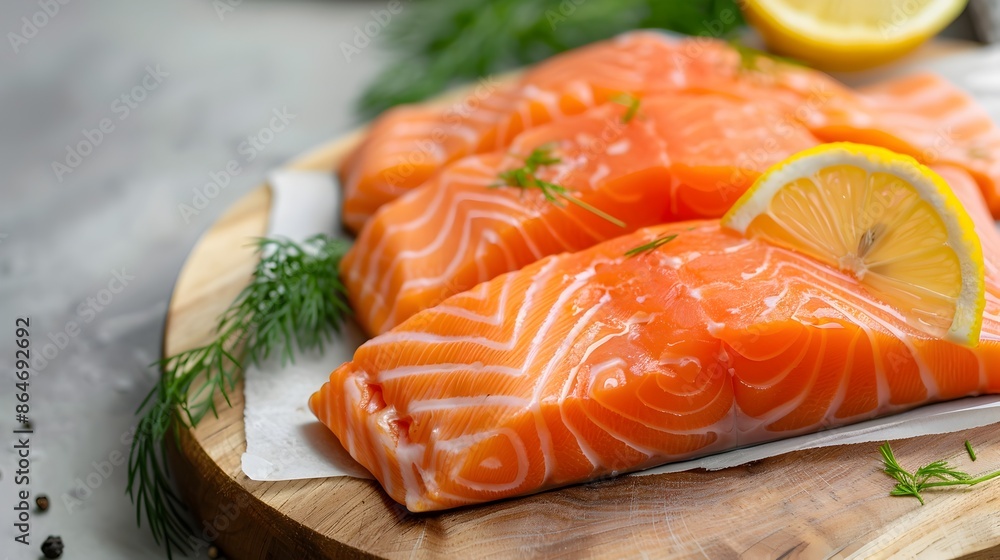 Fresh Salmon on Wooden Board with Lemon and Dill Garnish Fresh Salmon on Wooden Board with Lemon and Dill Garnish