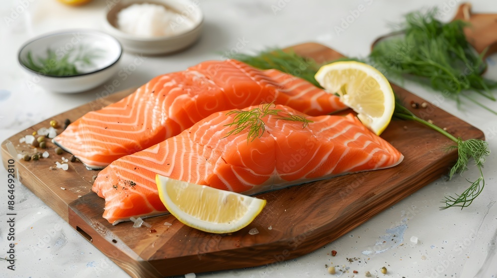 Fresh Salmon Fillet on Wooden Board with Lemon and Herb Garnish Fresh Salmon Fillet on Wooden Board with Lemon and Herb Garnish