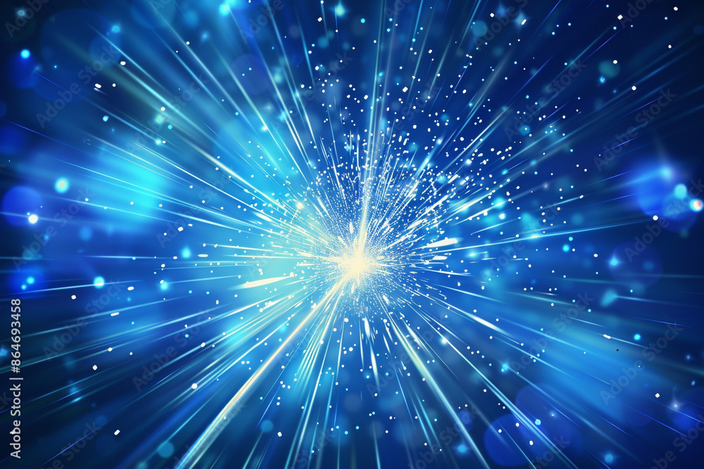 Fototapeta premium The blue moving background in the middle, with blue and white light lines, bursting out beautifully like a fireworks exploding with different depths.